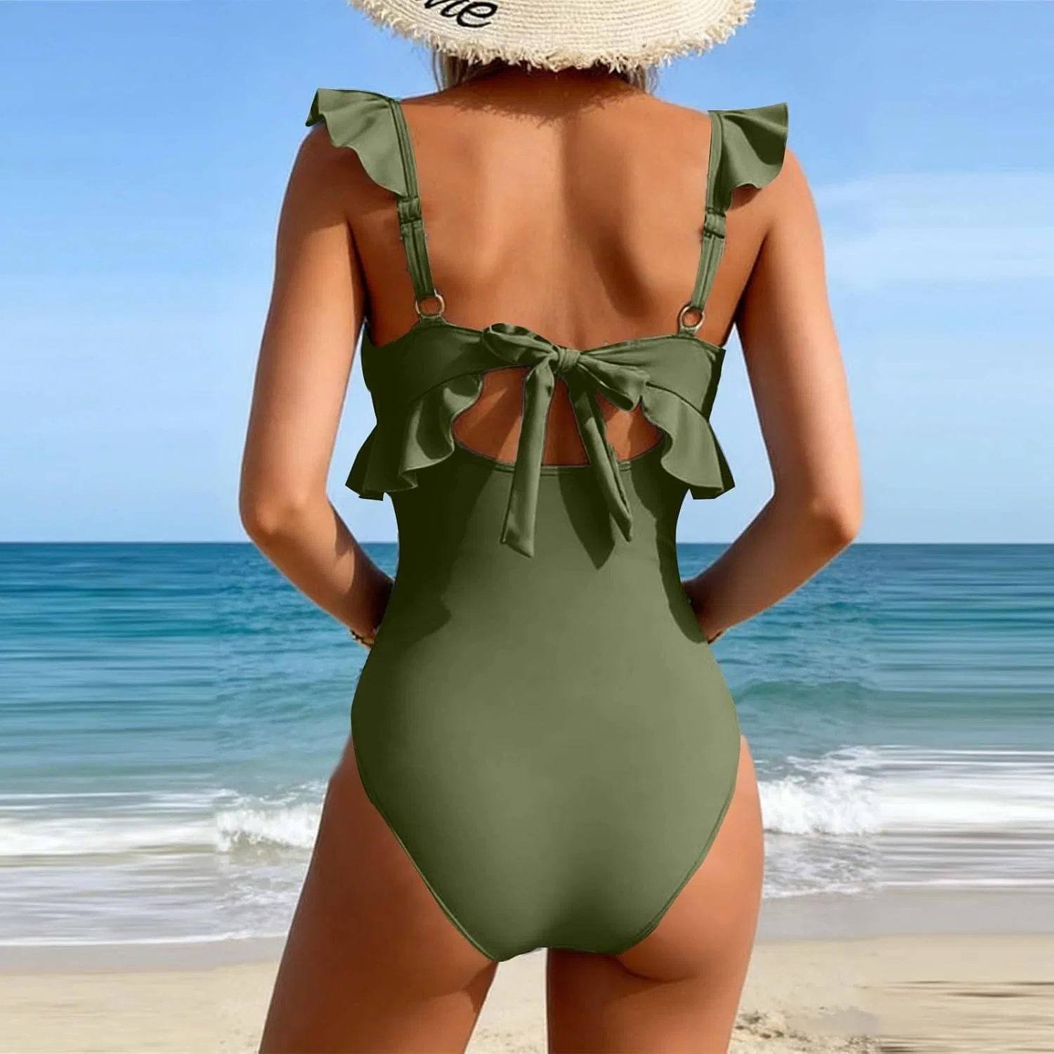 Женский слитный купальник с рюшами и вырезом Monokini, Army Green — фото 3