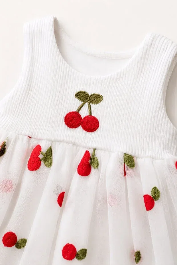Детское платье для девочек хлопковое Cherry Detailed Tulle Snap-On Dress Muhino, White — фото 4
