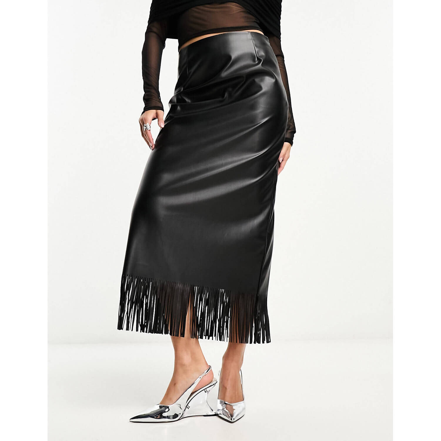 

Юбка Asos Design Faux Leather Maxi With Fringing, черный
