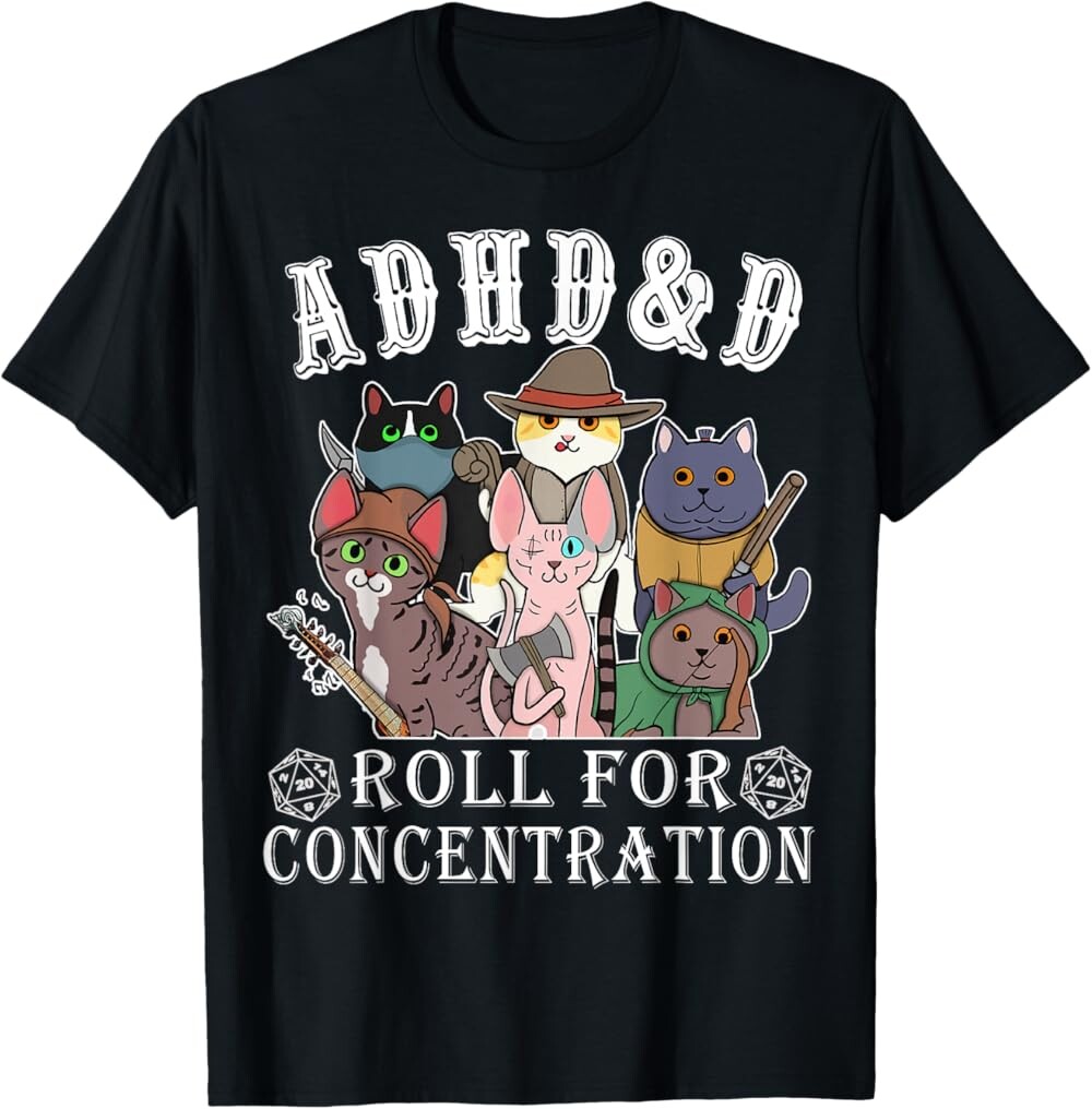 

Мужская футболка Funny Tees Gamer RPG Apparel Cats RPG Gamer Roll For Concentration D20 Dice Nerdy, черный