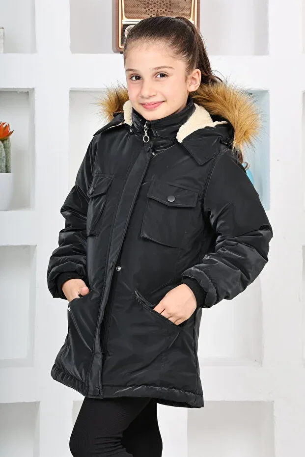Детское пальто для девочек зимнее с капюшоном Kurak Tekstil, Black