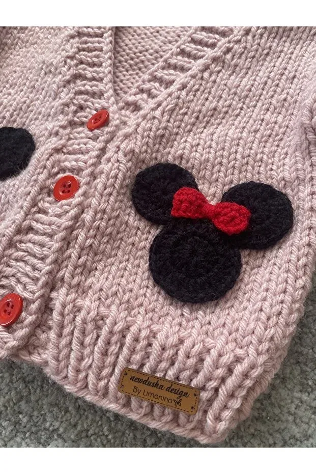 Детский кардиган для девочек с длинным рукавом Hand knitted mini mouse detailed Nevalin, Pink — фото 2