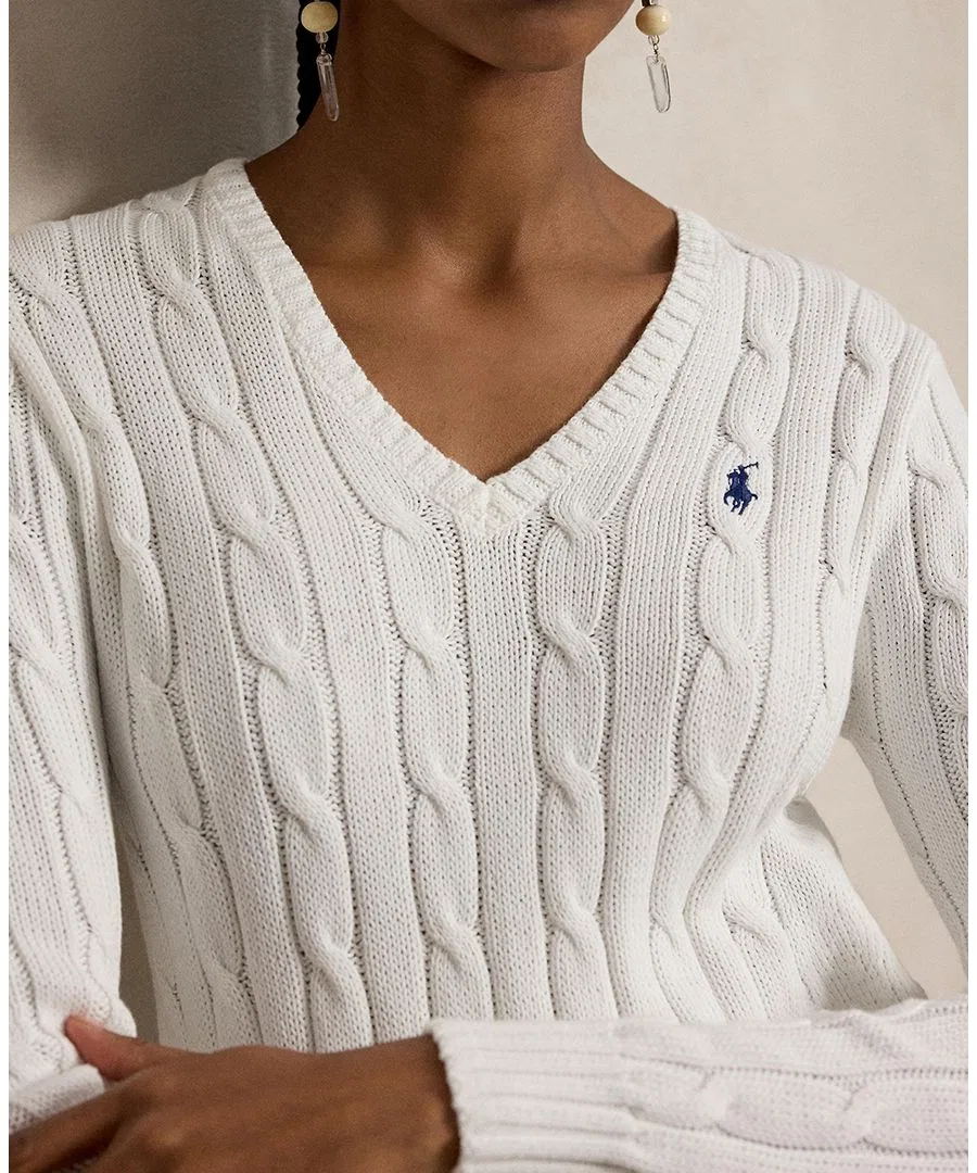 Женский свитер с V-образным вырезом, косая вязка Polo Ralph Lauren, White — фото 3