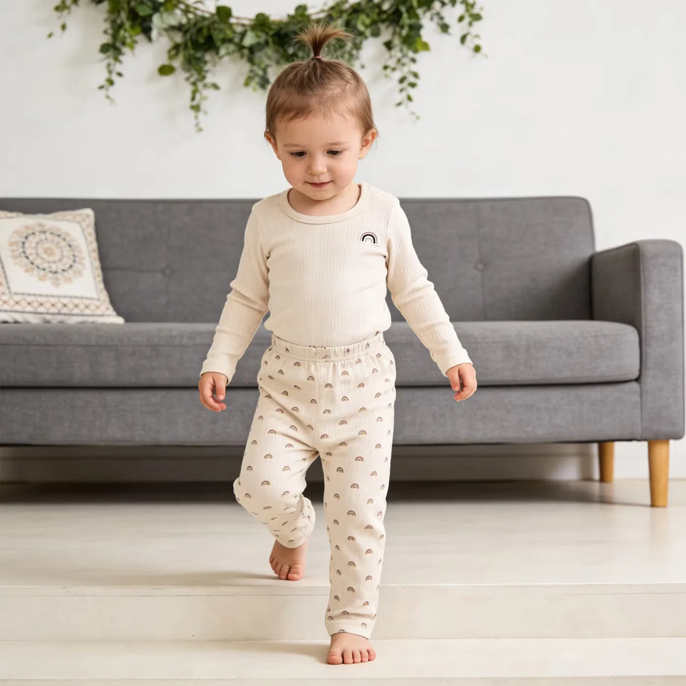 Babies Basic Комплект боди-комбинезон и пижама с принтом из рубчатого хлопка, кремовый — фото 3