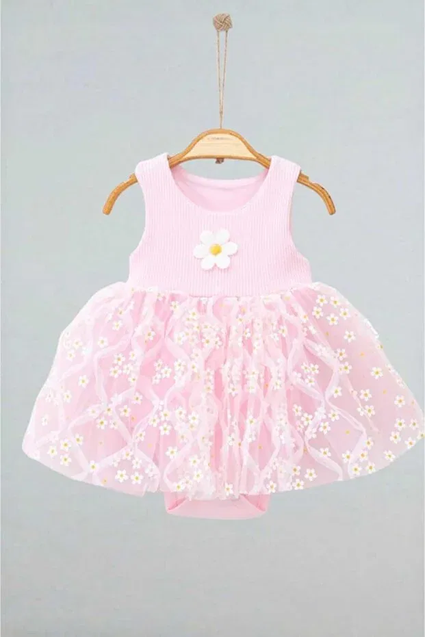 Детское платье для девочек с принтом Daisy patterned tulle dress with ribbed sleeves Dinamik Çocuk, Pink Flowered — фото 3