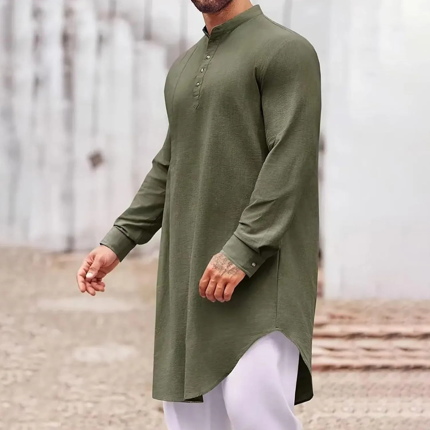 Мужская рубашка-туника с длинным рукавом, Stand Collar Pleated, зелёный — фото 3
