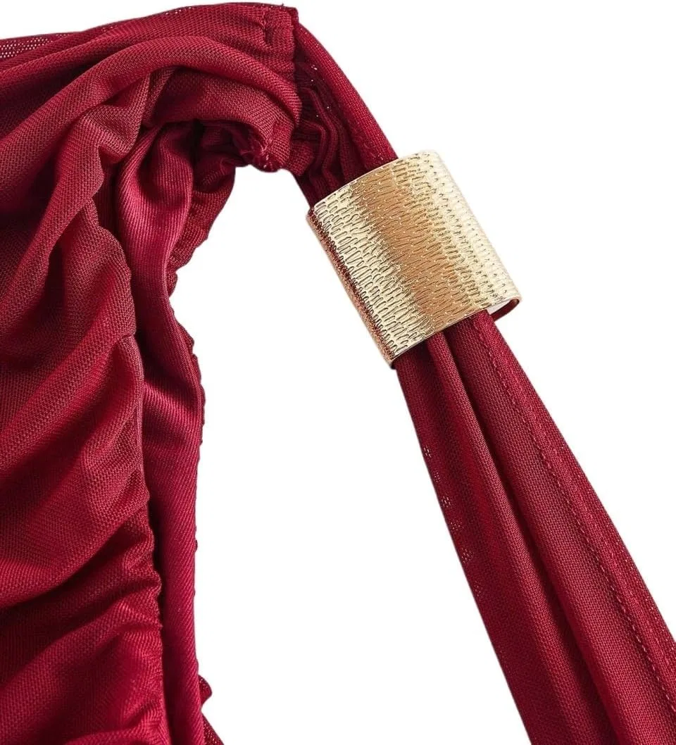 Женское элегантное платье миди bodycon с асимметричным вырезом Generic, Burgundy — фото 3