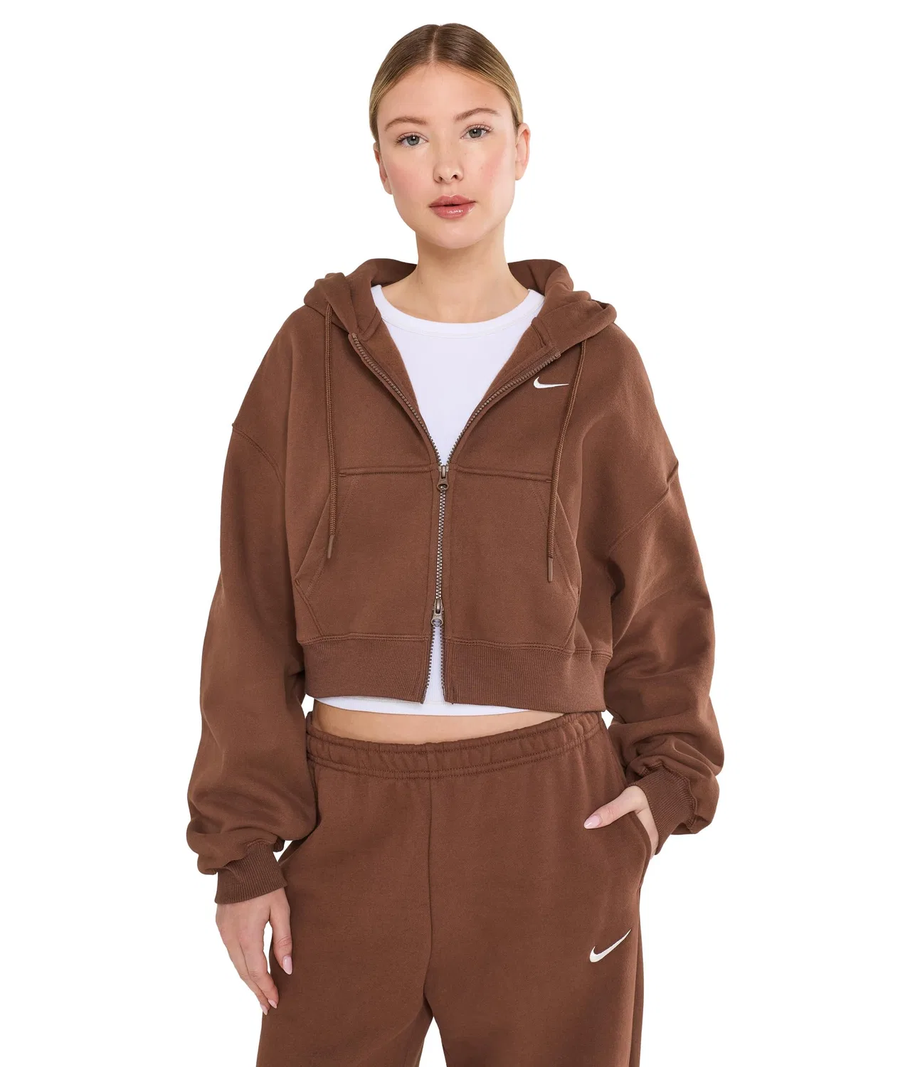 Укороченная толстовка Studio Fleece средней плотности на молнии. Nike, Cacao Wow/Sail