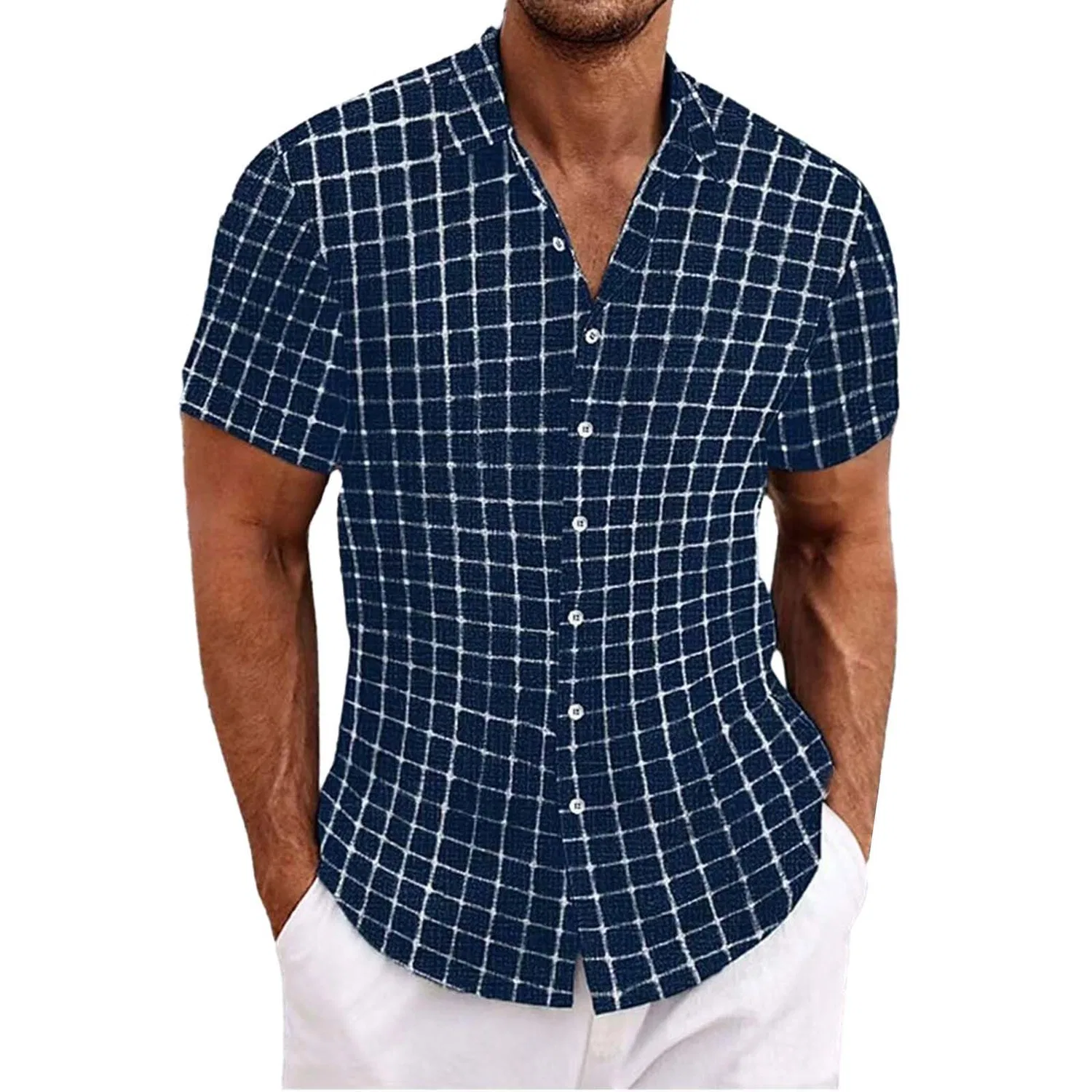 Мужская рубашка с коротким рукавом в клетку Slim Fit, Navy