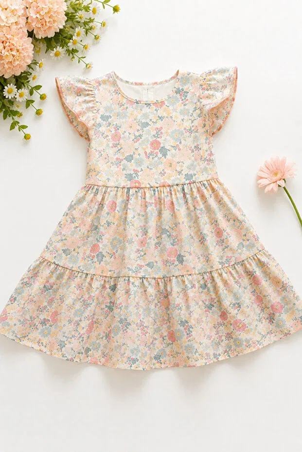 Детское платье для девочек с цветочным принтом Summer Dress Hn Sport, Cream Green Yellow — фото 4