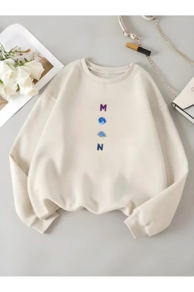 Детские свитшот для девочек с принтом Moon Printed Serays Moda, Beige
