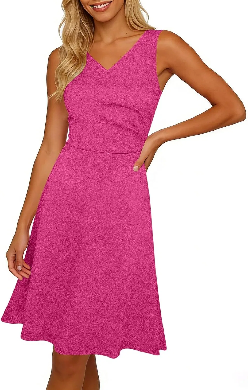 Женское летнее платье А-силуэта без рукавов с V-образным вырезом, Hot Pink — фото 2