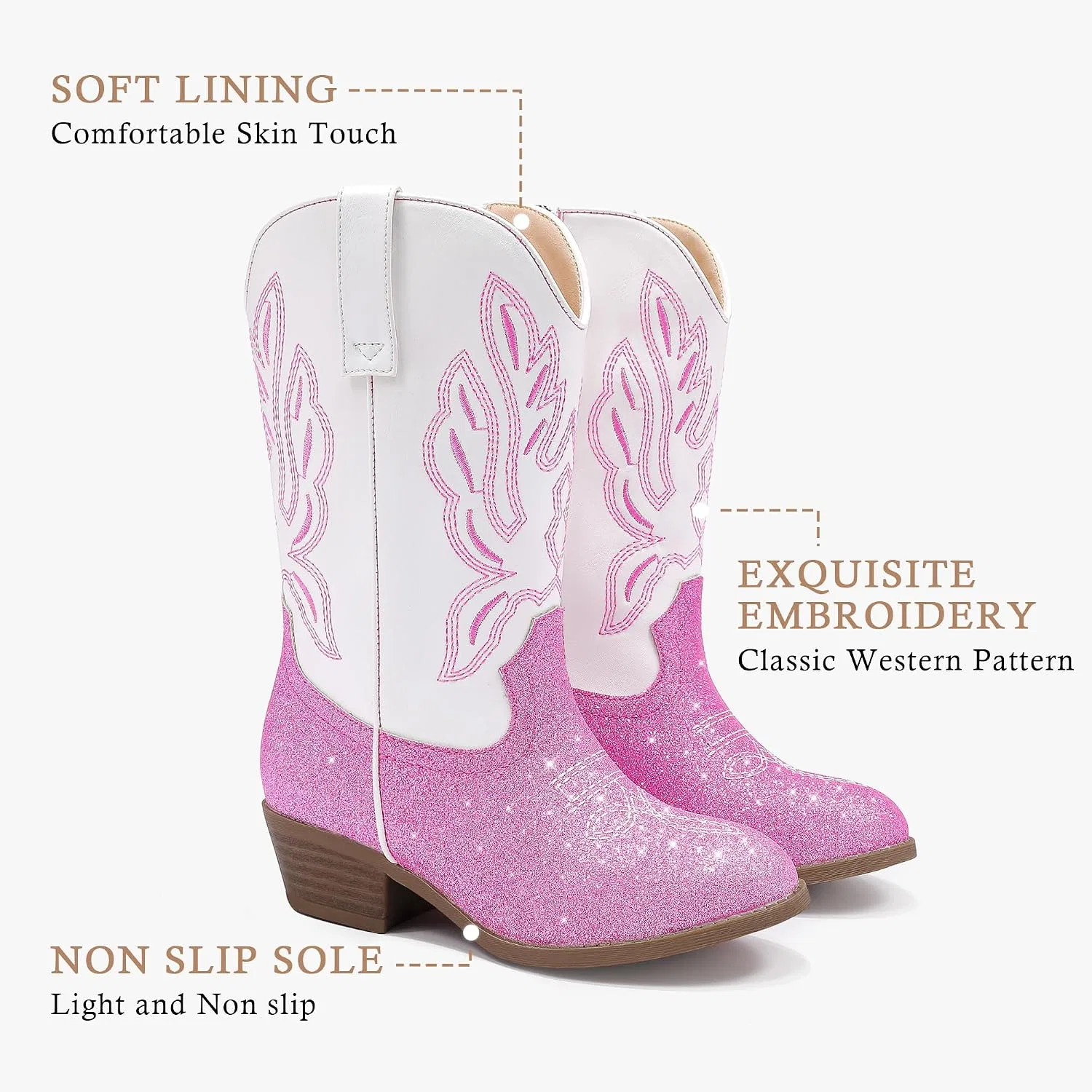 Детские сапоги для девочек с вышивкой Cowgirl Boots LAURMOSA, Pink White — фото 4