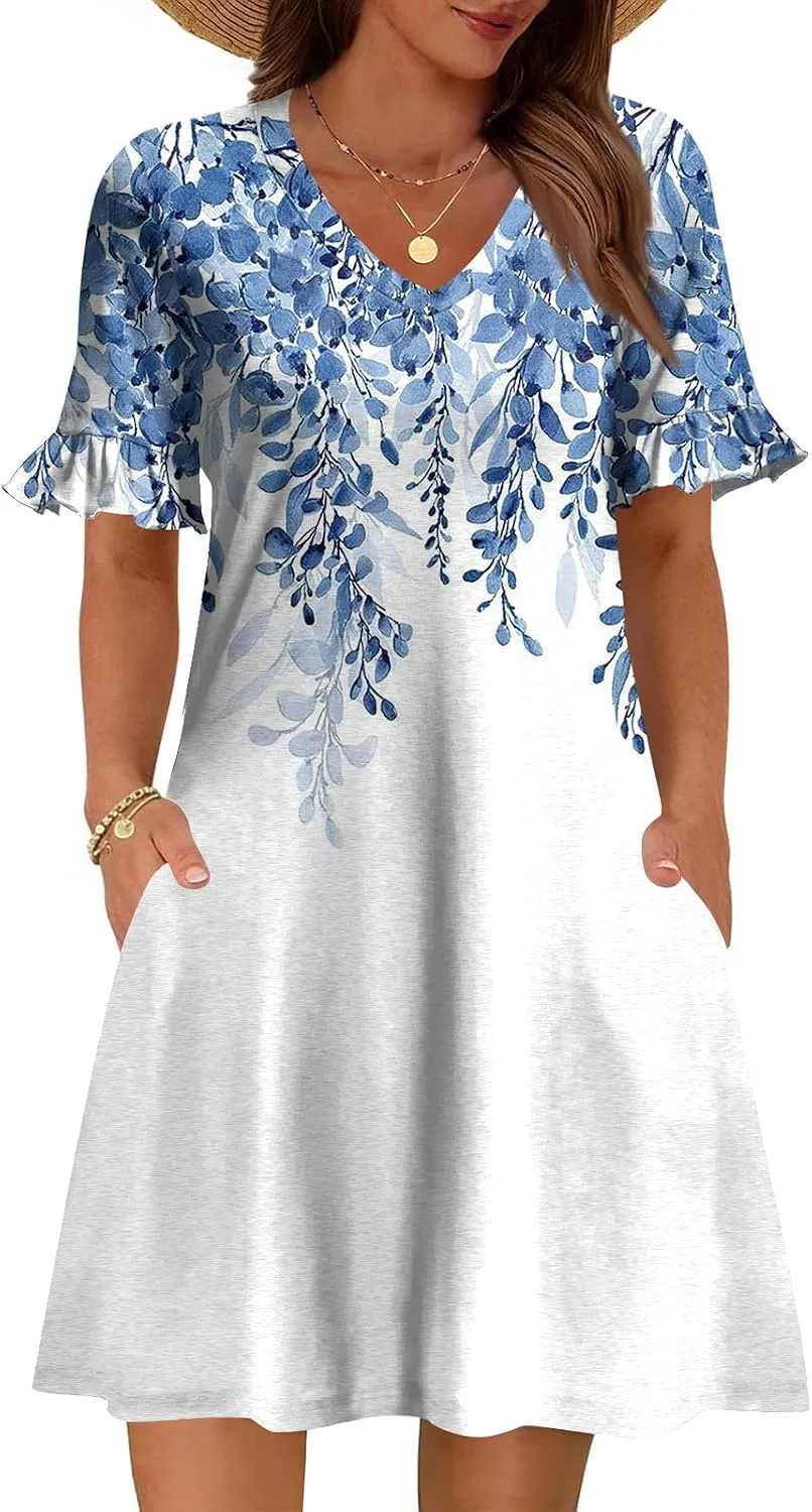 Женское летнее платье миди с рюшами V-образным вырезом, Light Blue
