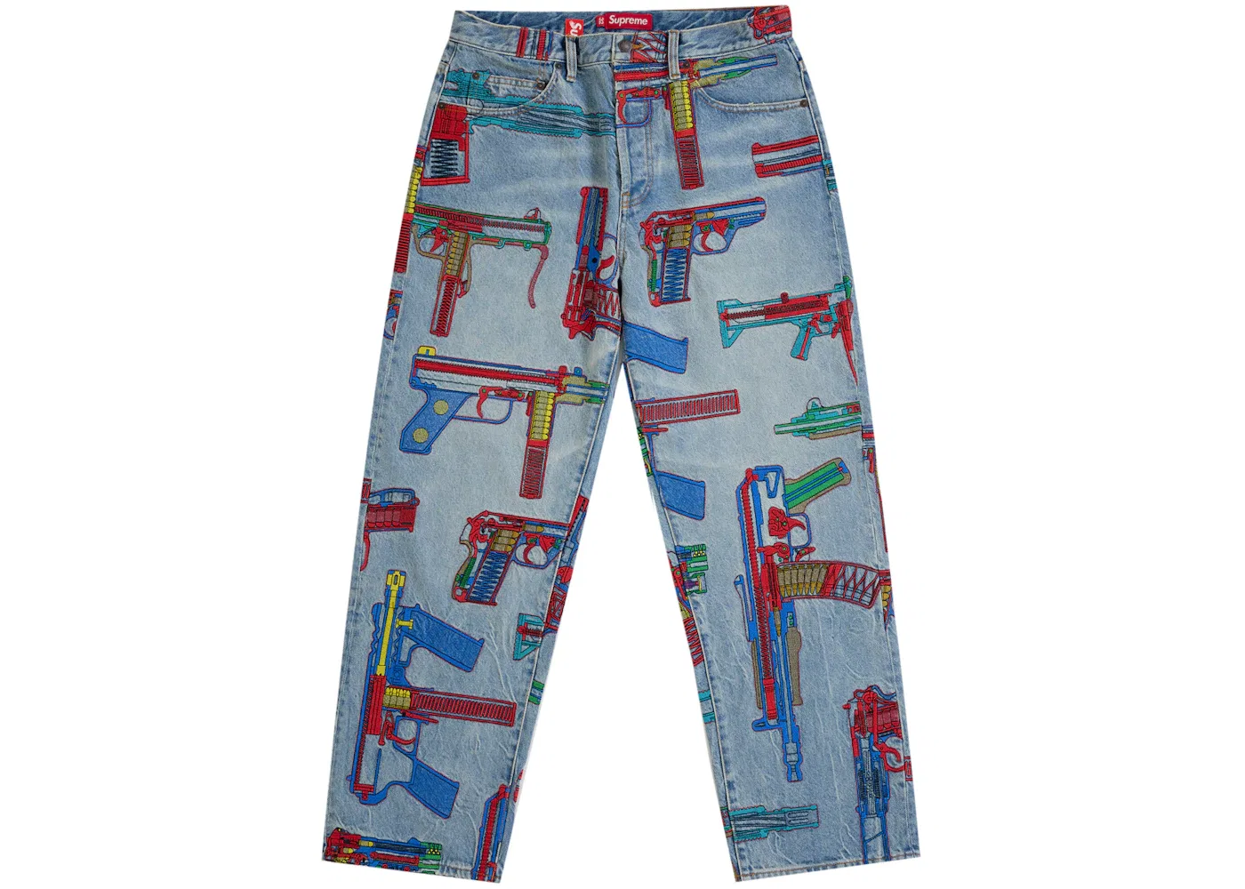 Мужские джинсы свободного кроя с вышивкой Supreme Guns Supreme, Washed Indigo