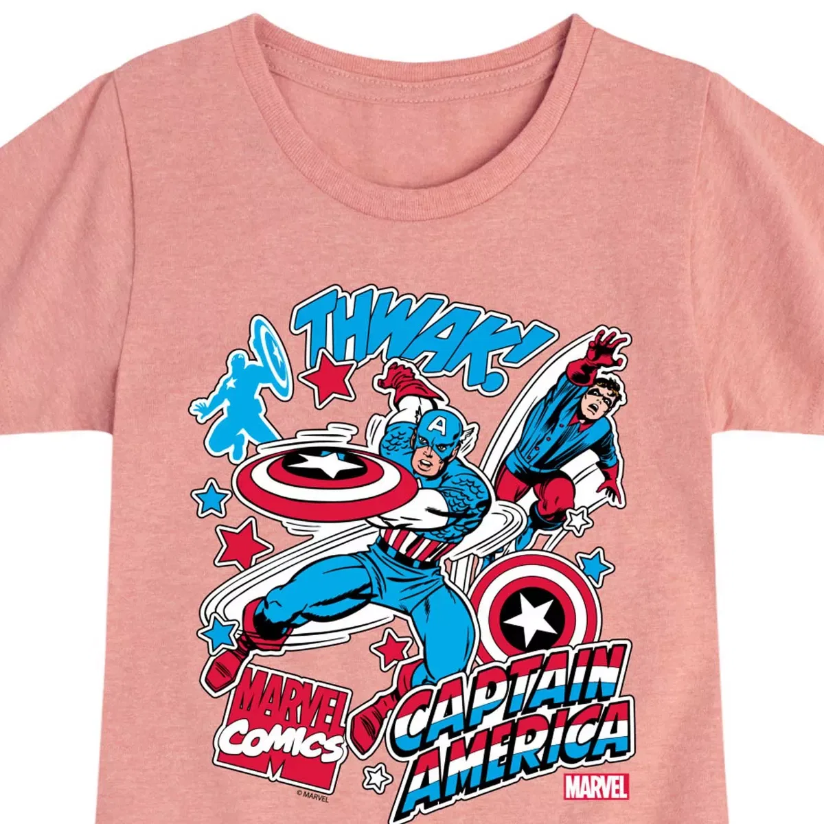 Детское футболка для девочек с принтом Captain America Stickers Marvel, Desert Pink — фото 2