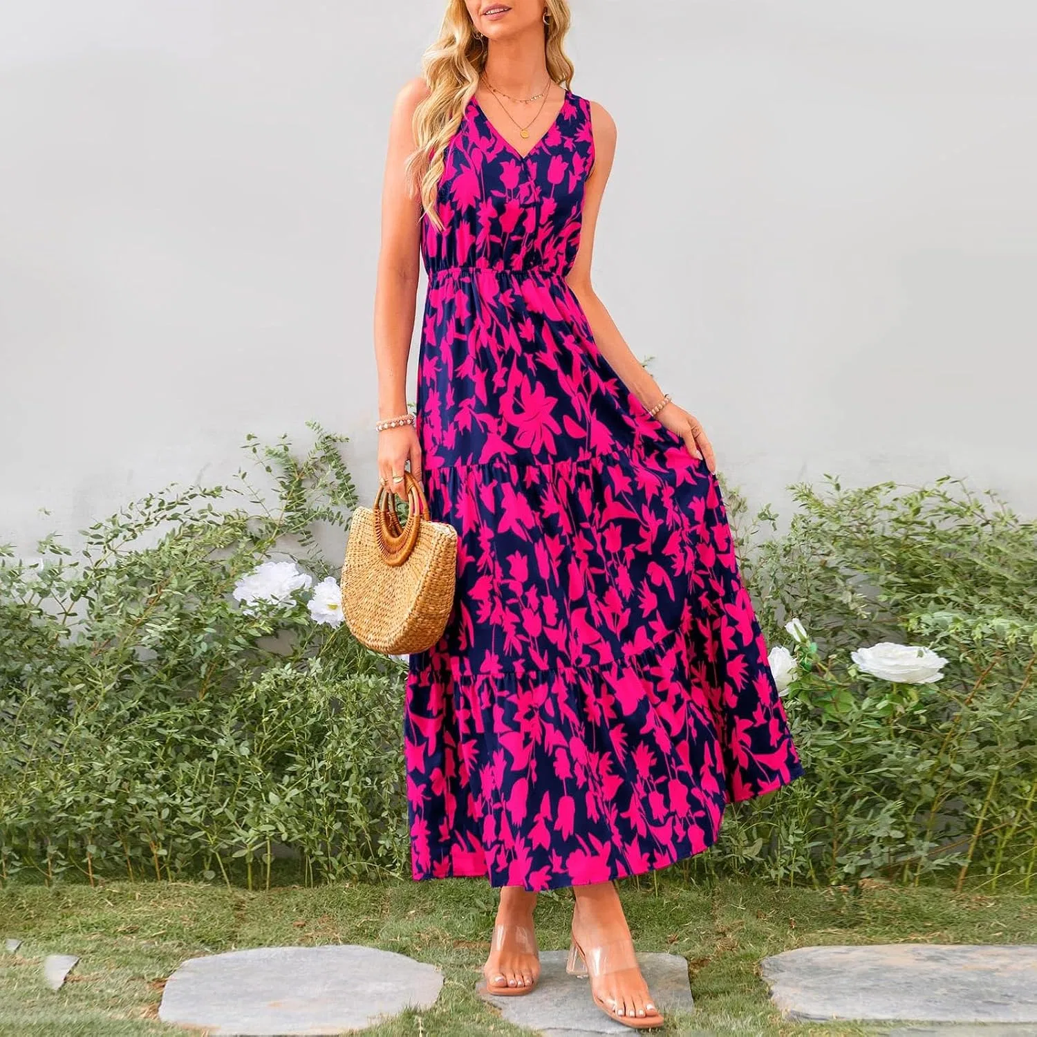 Женское летнее платье макси A-line V-образным вырезом, Hot Pink — фото 3