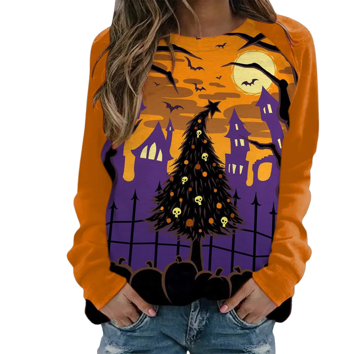 Женская худи с капюшоном с принтом Halloween, длинный рукав, Colour: Orange