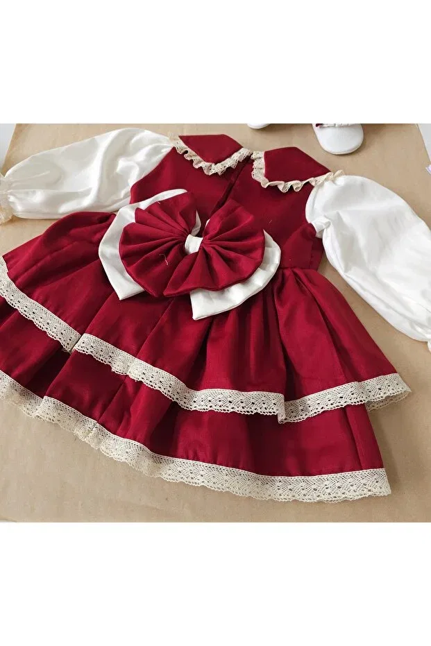 Детское платье для девочек с длинным рукавом Vintage lace detailed burgundy Elwirababyboutiqe, Burgundy — фото 3