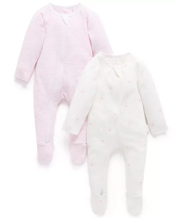 Детский комбинезон на молнии с принтом 2 Pack Zip Footie Purebaby, Pale Pink Bear Pack