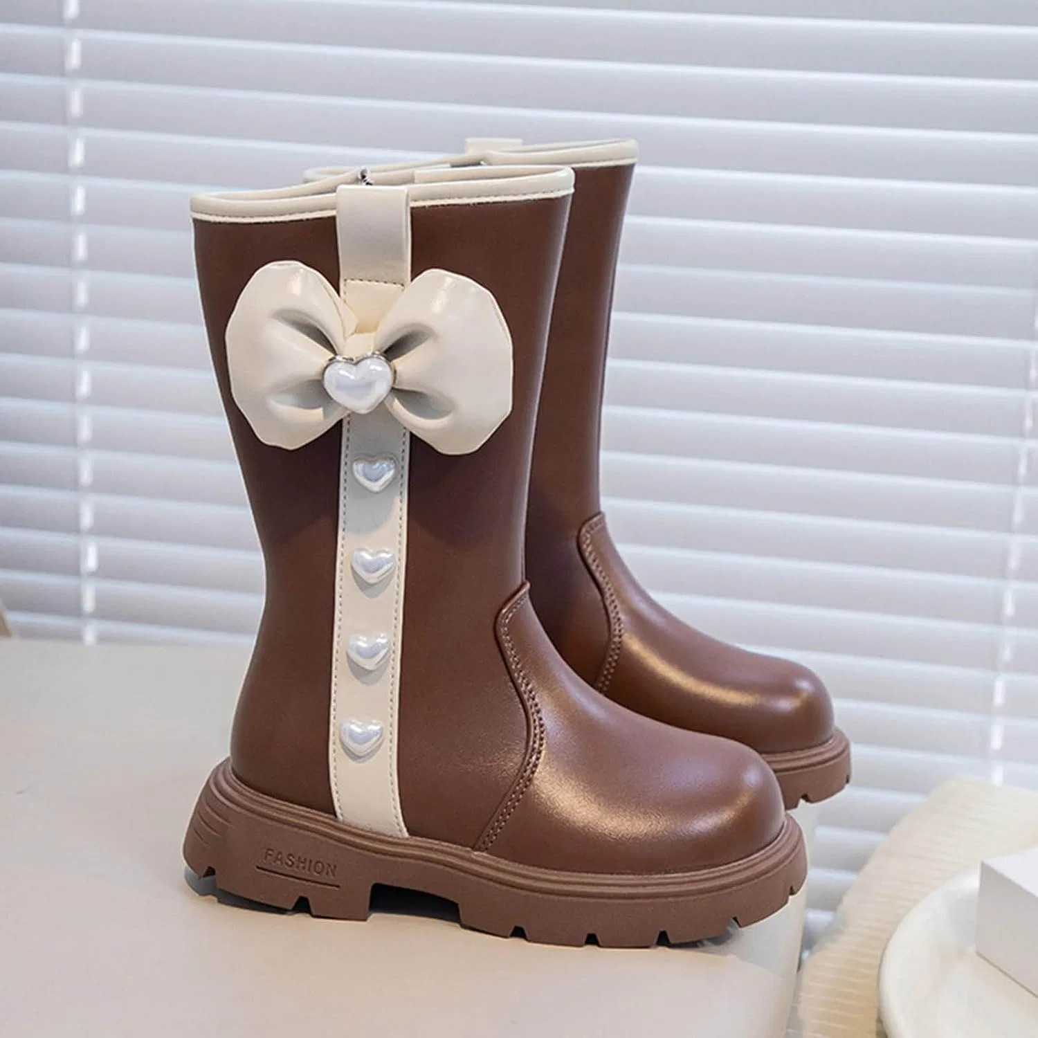 Детские сапоги для девочек с бантом, из ПУ-кожи, модель Cute Bowknot Mid Calf Riding Boots, Brown — фото 3