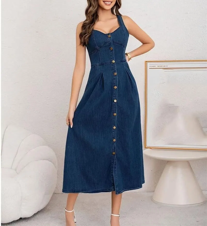 Женское джинсовое платье миди с поясом Vintage Casual, Blue — фото 2