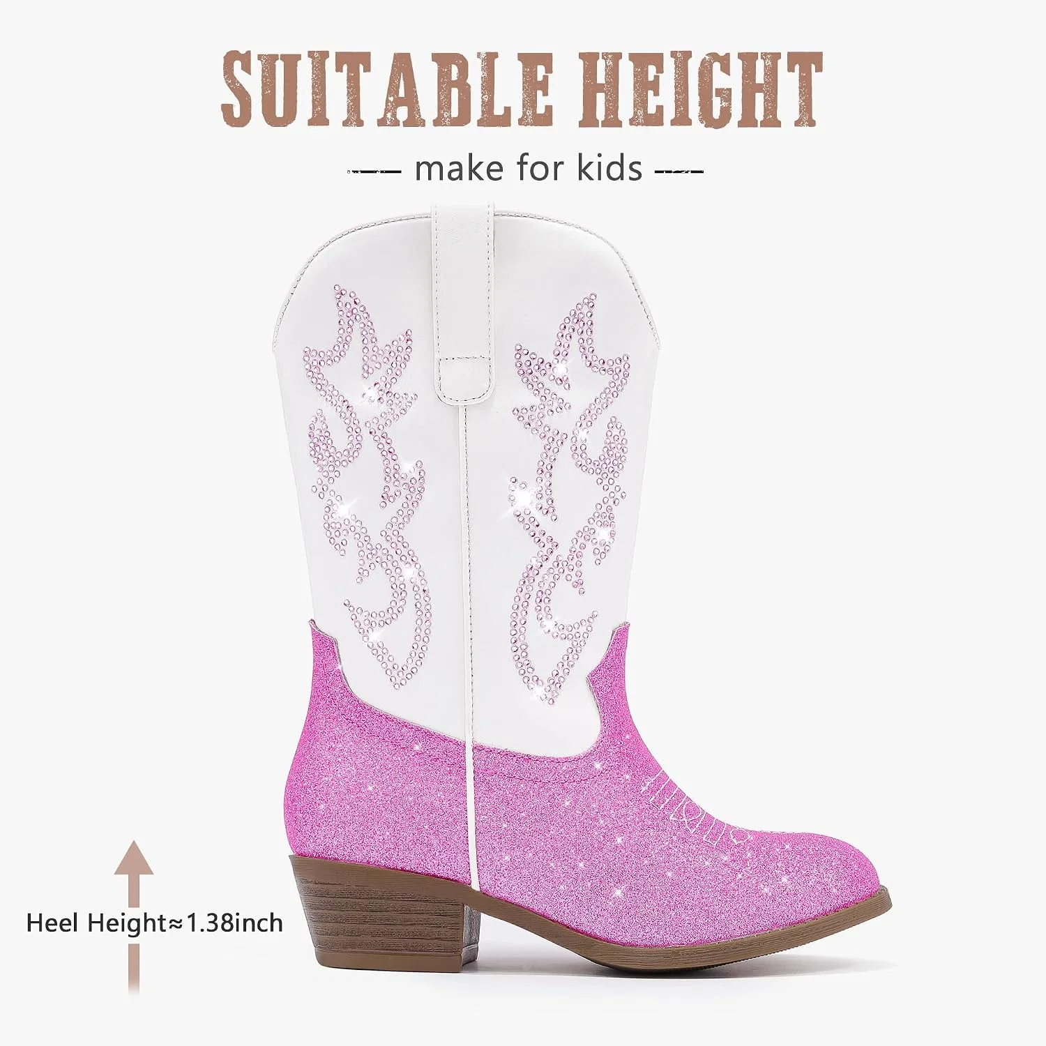 Детские сапоги для девочек с принтом Cowboy Boots for Girls Rhinestone Cowgirl Boots Little Big Kid LAURMOSA, Pink White Embroidery — фото 4