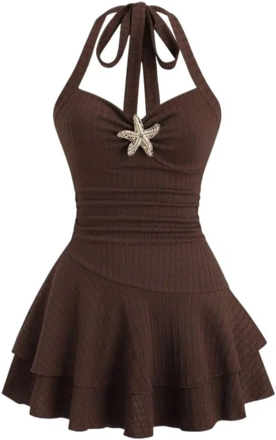 Женское мини-платье с рюшами halter, Coffee Brown