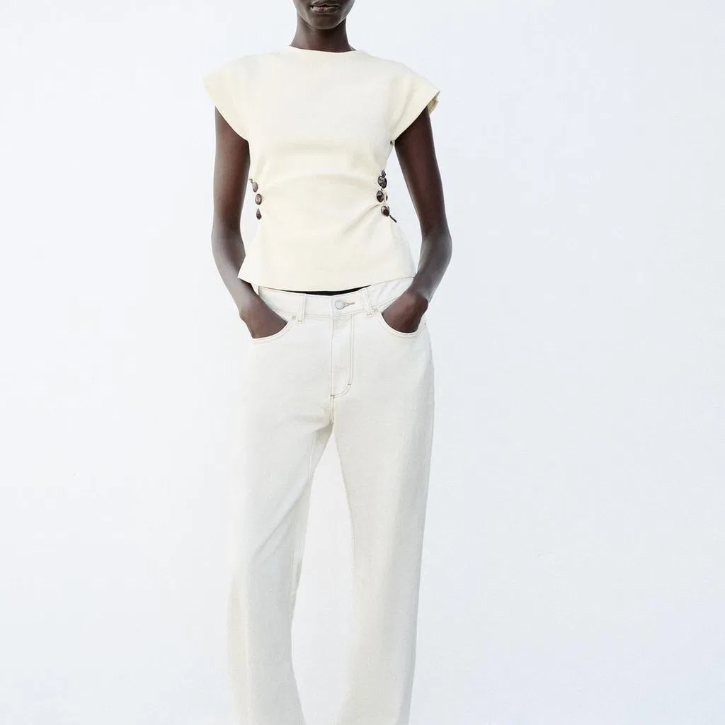 Женский джемпер белый с круглым вырезом ZARA, Raw White — фото 4