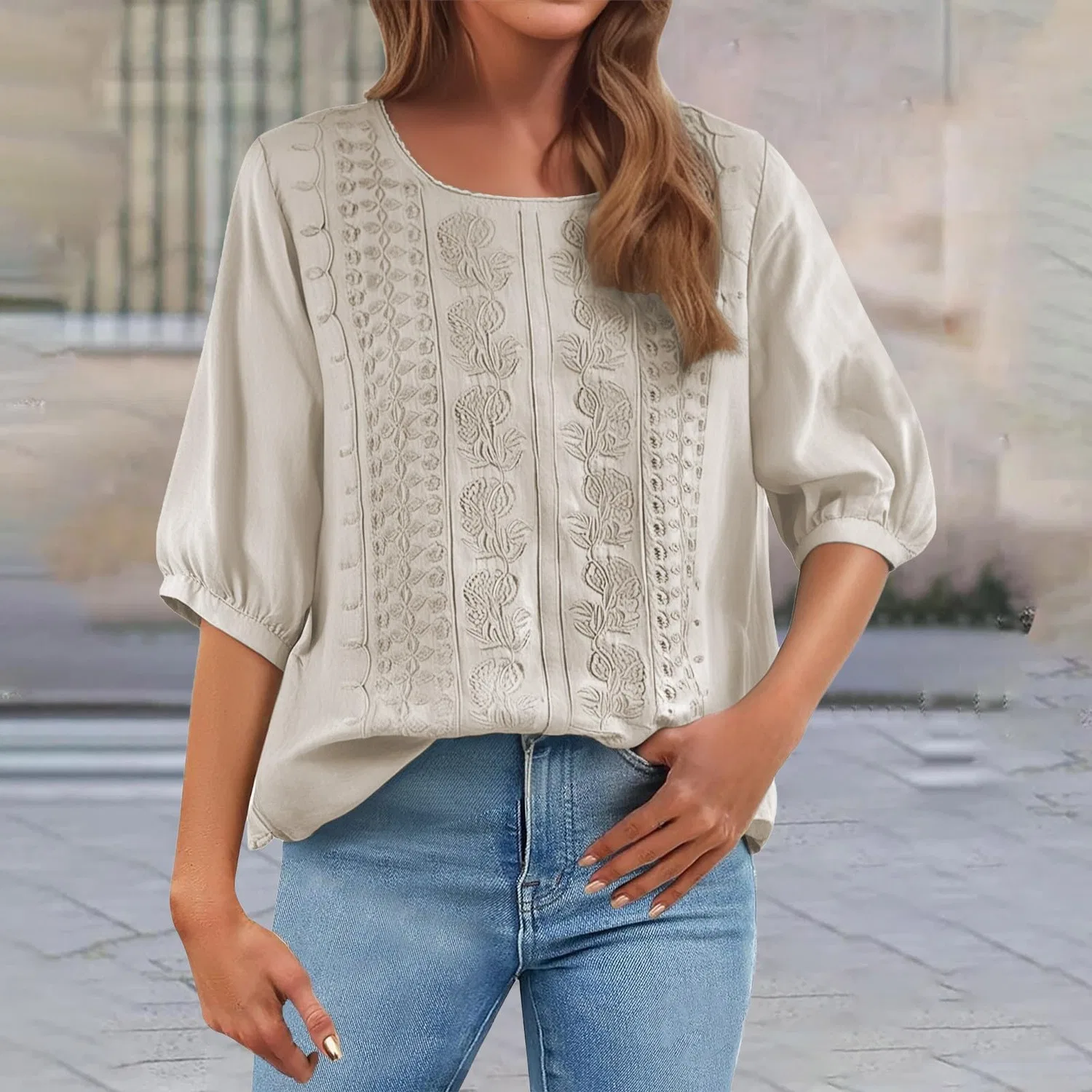 Женская льняная блуза с принтом и вышивкой Chinese Shirts, Z02-beige — фото 2