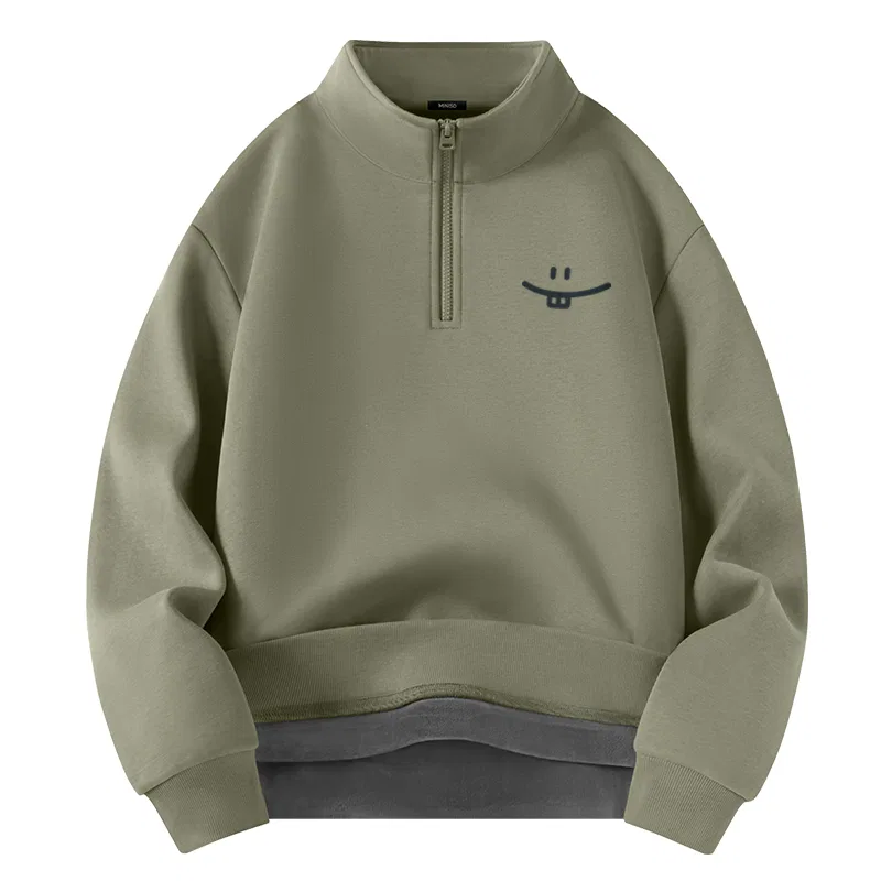 Детский свитшот утепленный с воротником-стойкой Simple Smile Drawing Chest Logo MINISO, Fleece-Lined Gray Pea Green