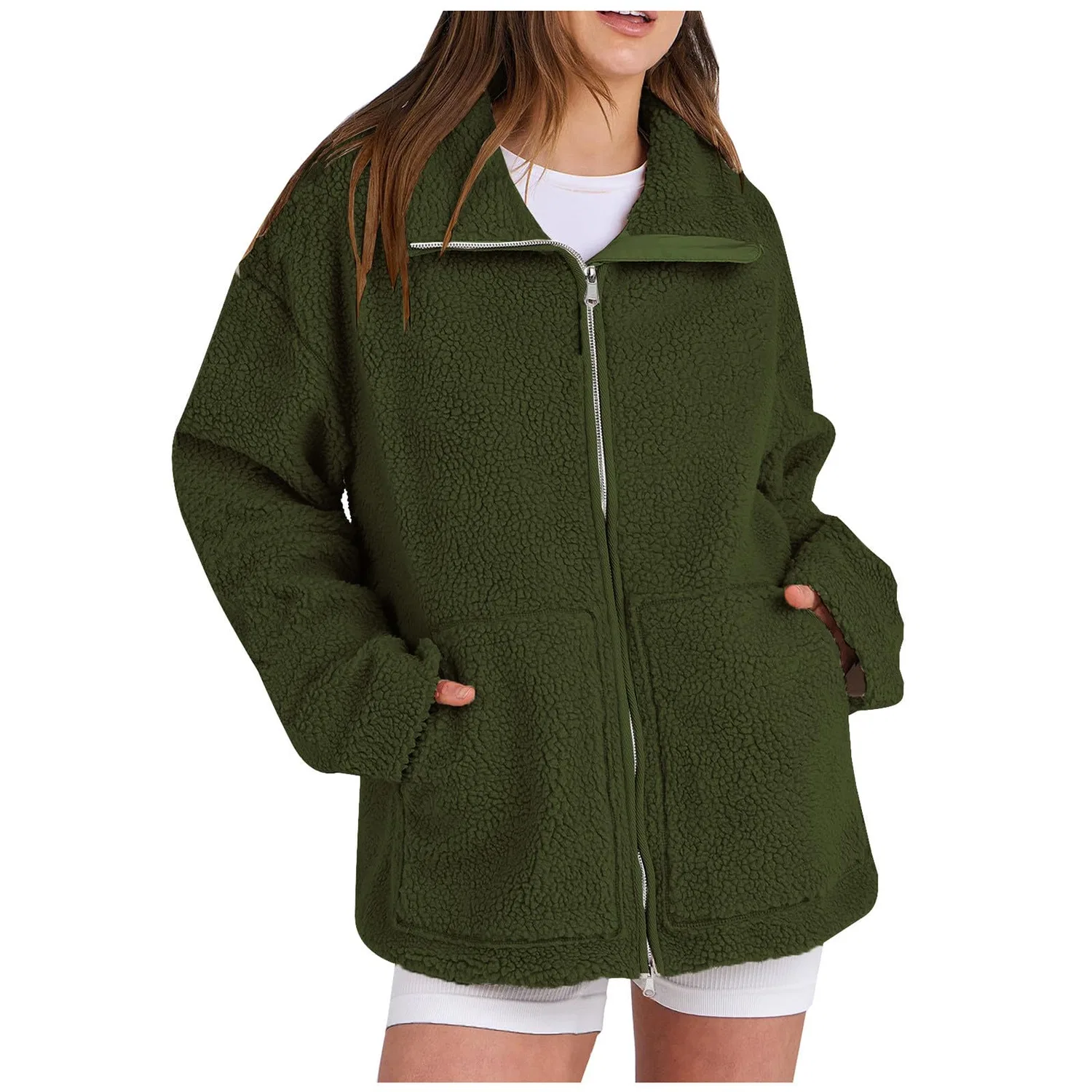 Женская куртка из флиса оверсайз с молнией, A28 Verde