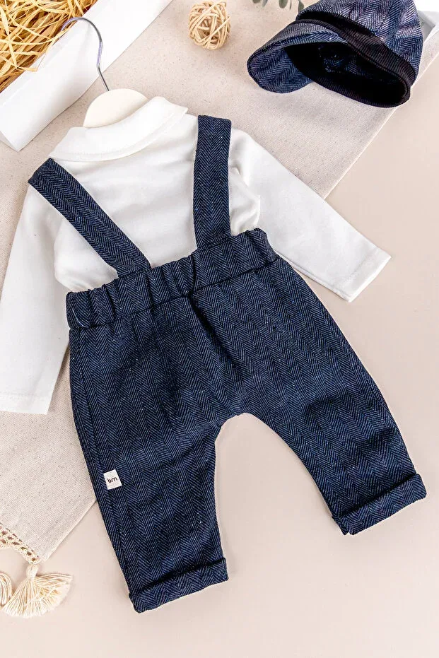 Детский комбинезон для мальчиков с принтом Baby boy salopet jumpsuit set with bow tie and cap Babymod, Navy Blue — фото 4
