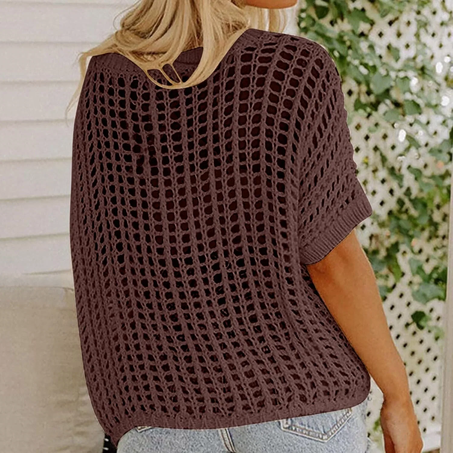 Женская вязаная пляжная накидка с коротким рукавом, Brown — фото 2