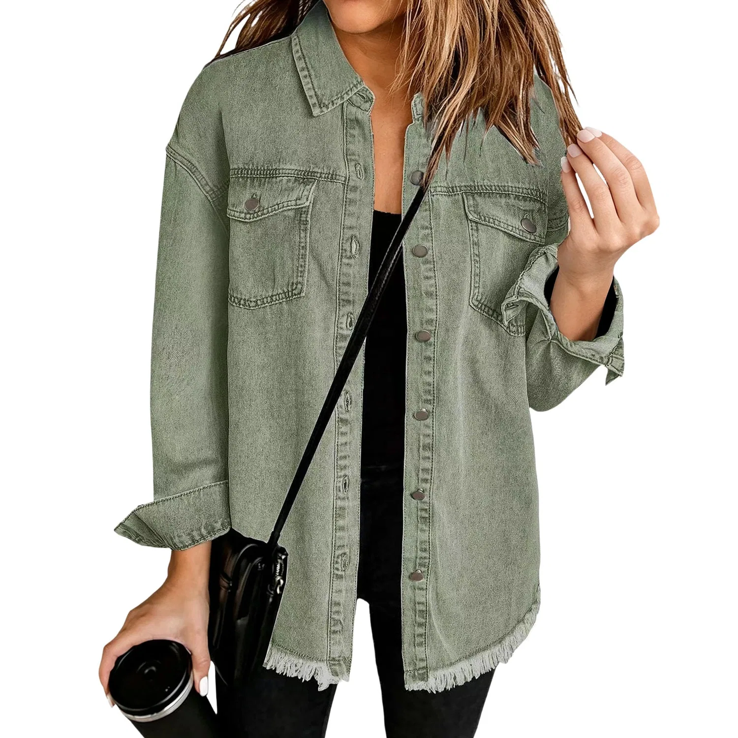Женская джинсовая рубашка с длинным рукавом boyfriend, Verde oliva