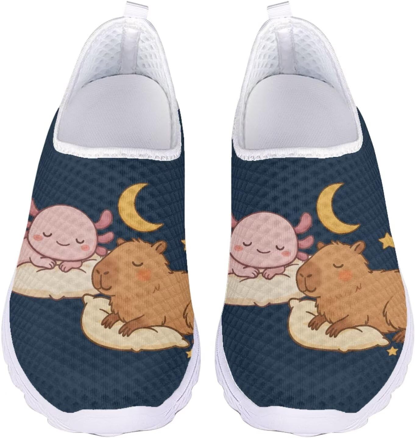 

Кроссовки Jeiento Cat Sheos для женщин и мужчин, слипоны, сетчатые, легкие, спортивная обувь, плоская подошва, широкий носок, обувь для ходьбы, Adorable Axolotl Capybara