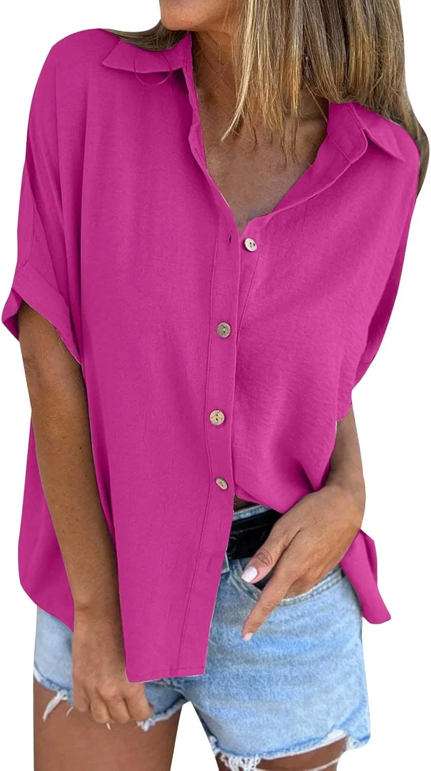 Блуза с пуговицами, свободный крой, Women's Spring/Summer Solid Button Down Half Sleeve Lapel Shirt, ярко-розовый