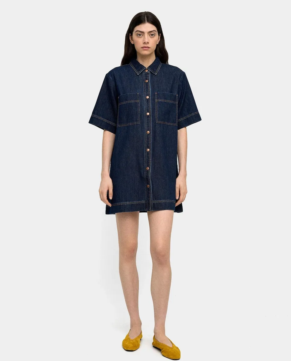 

Короткое платье 100% хлопок деним с передними карманами однотонное Parfois, индиго