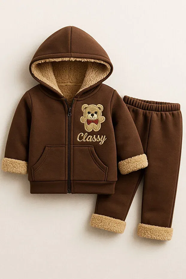 Детский комплект из футера с принтом для девочек Teddy bear detailed soft plush children's winter hoodie and sweatpants set Classy Moda, Brown