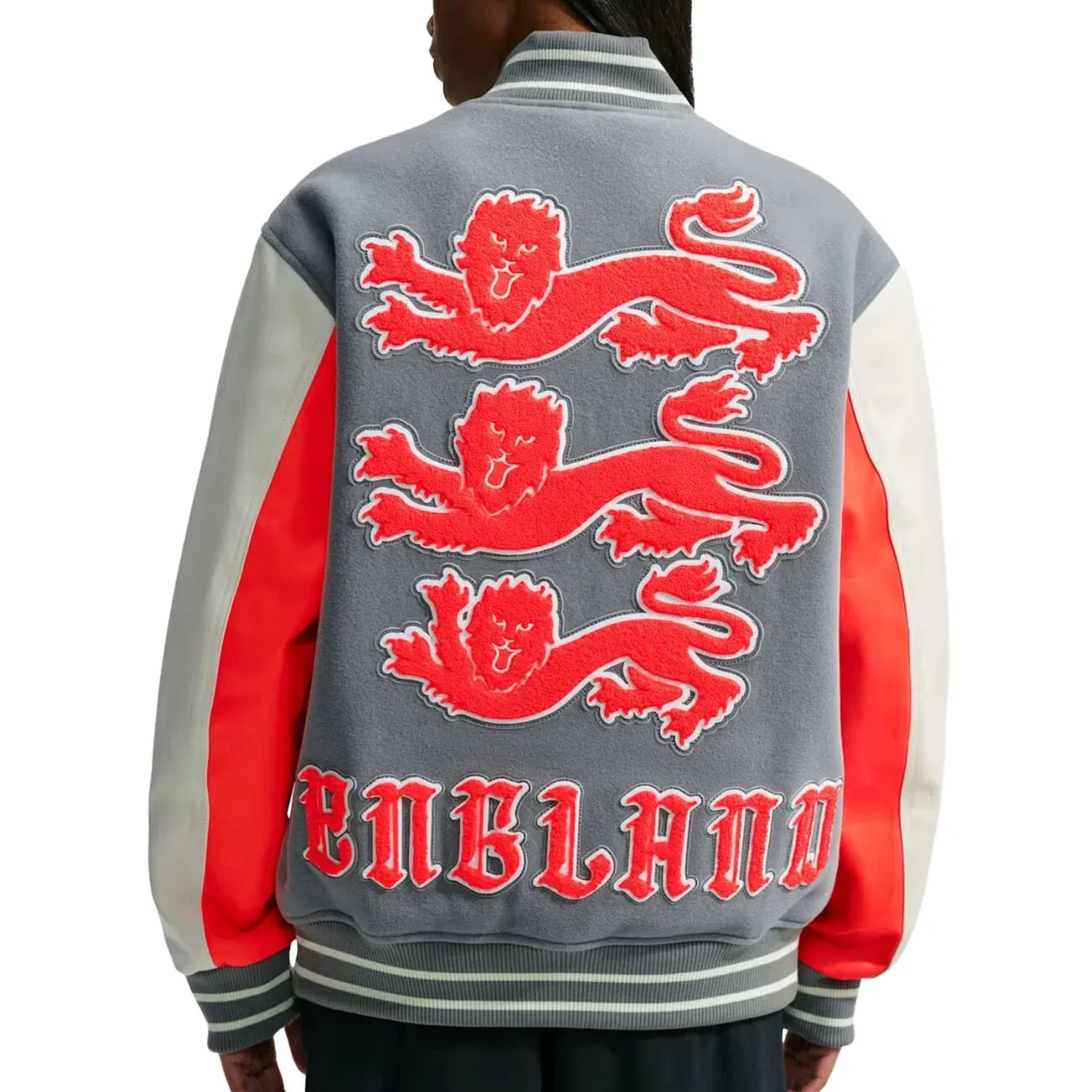 Мужская куртка-ветровка с принтом Nike x England x Palace Cryoshot Varsity Jacket Cool Grey White Bright Crimson, серый — фото 4