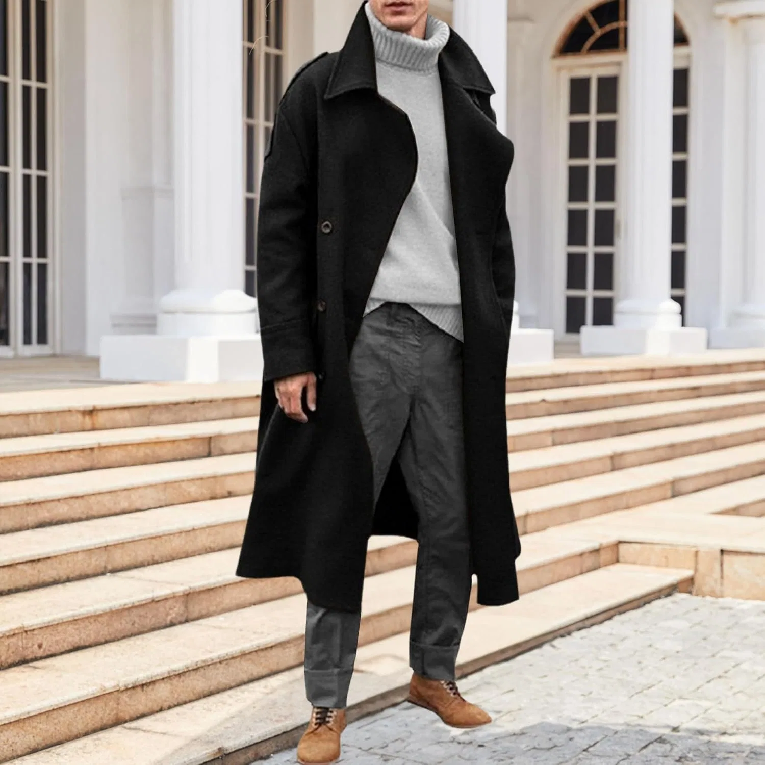 Мужское длинное пальто Oversized Notched Long Faux Blend Trench Coat, чёрный — фото 3