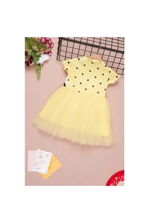 Детское платье для девочек с принтом Daphne ticaret girl polka dot tulle half sleeve dress Bam Bam Giyim, Yellow — фото 2
