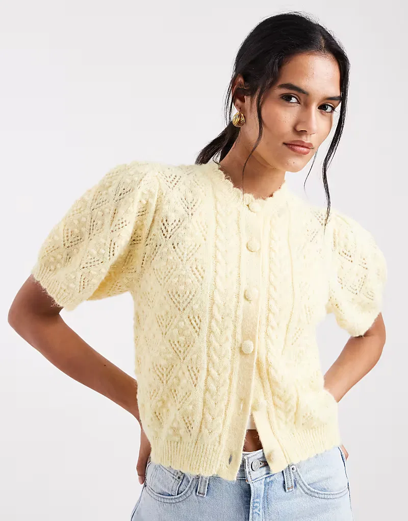 Вязаный кардиган Levi's с короткими рукавами и ажурной отделкой, пастельно-желтый
