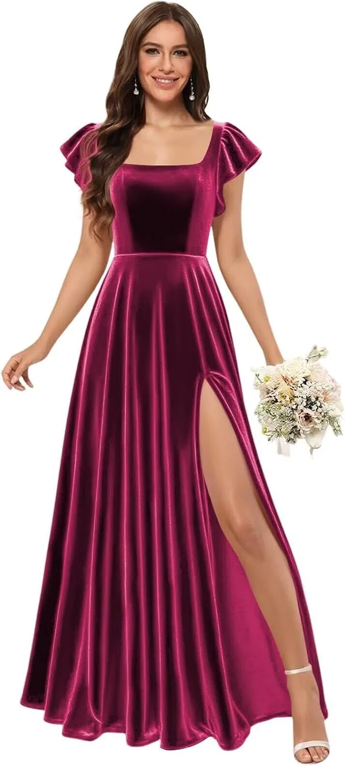Женское длинное бархатное платье с воланами MJ139, Fuchsia