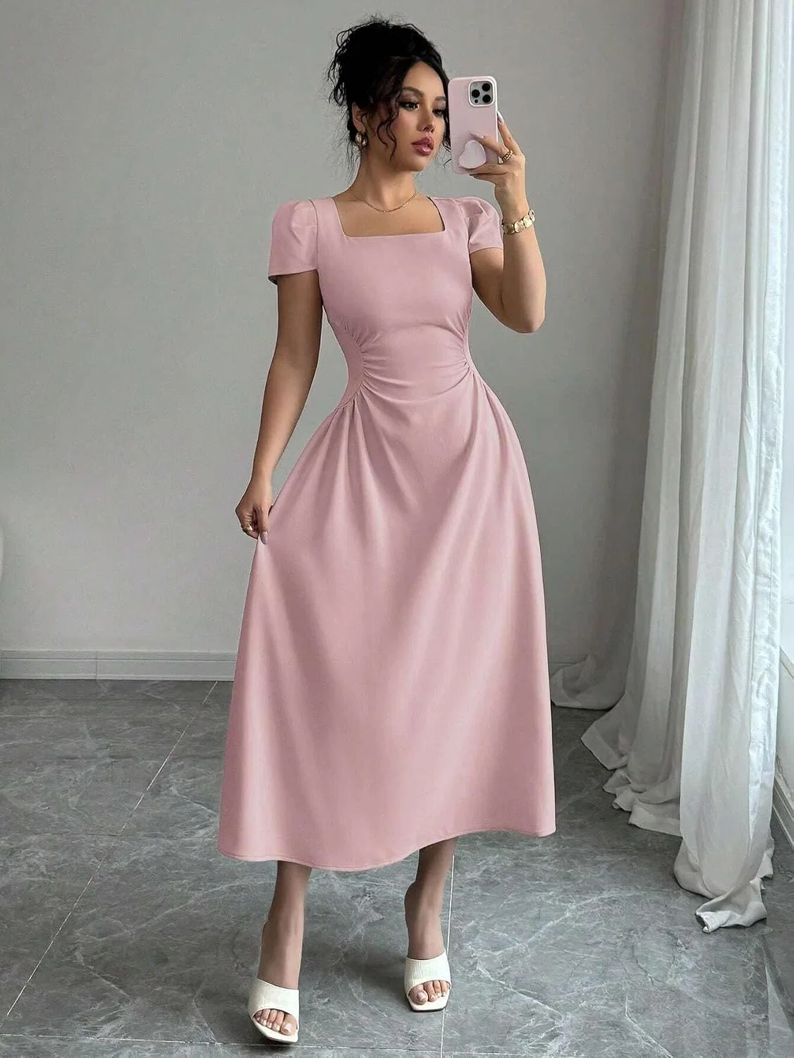 Женское миди-платье с квадратным вырезом Generic, Pink — фото 4
