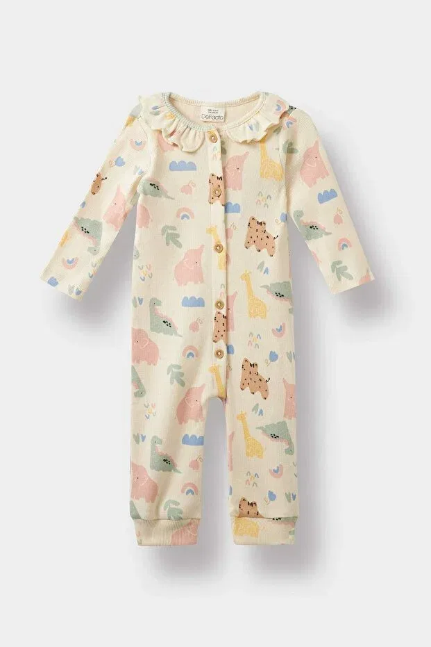 Детский комбинезон для девочек с принтом Animal Print Ribbed Long-Sleeved Romper Defacto, Ecru-Er233