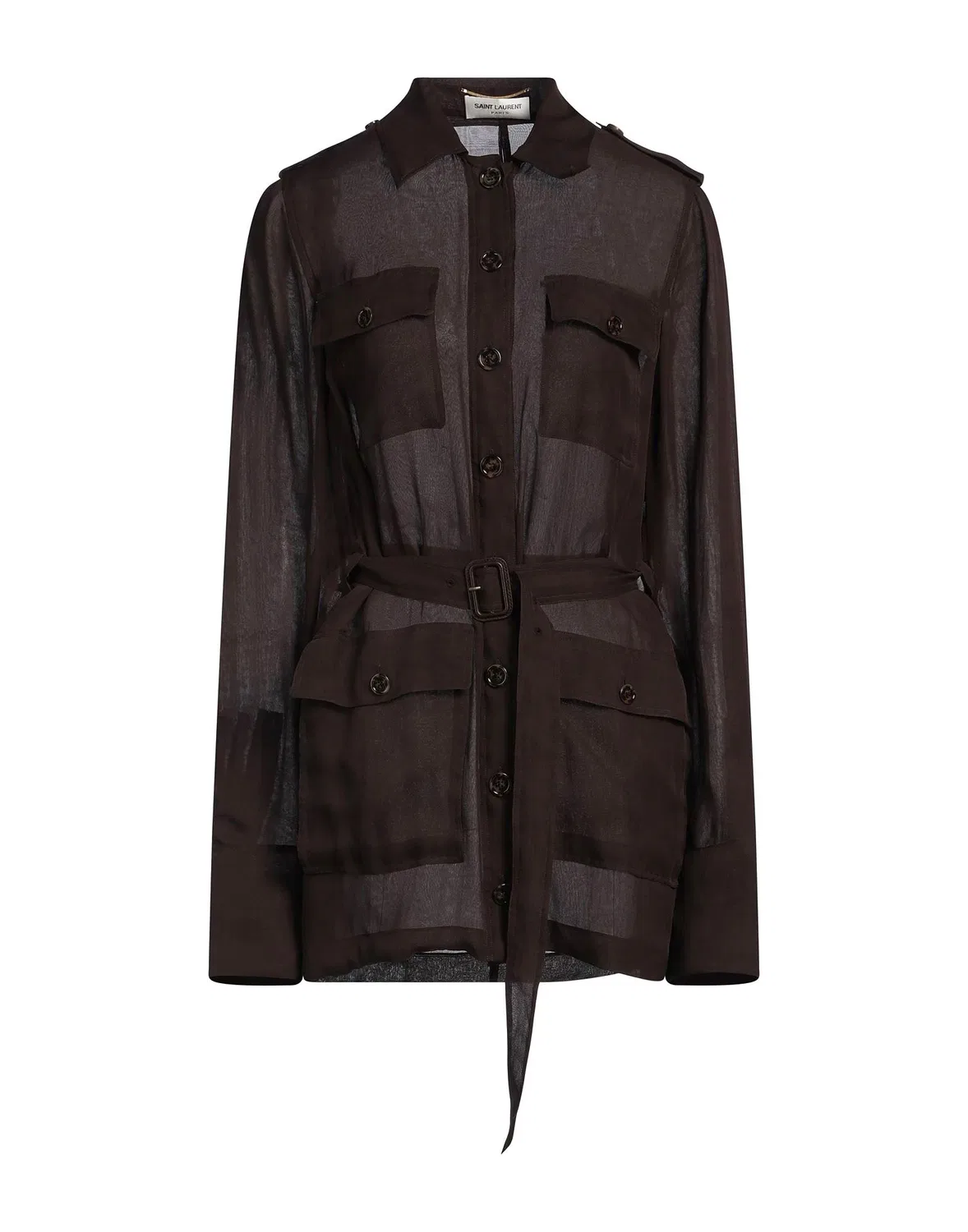 Женское платье-рубашка из крепа с поясом Chocolate Brown, Saint Laurent, шоколадный