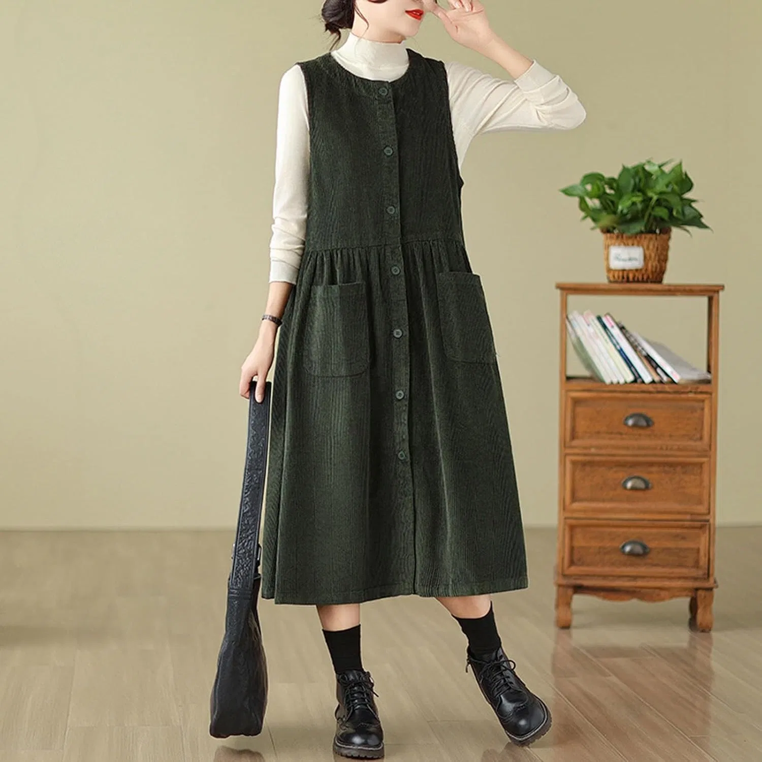 Женское платье-кардиган миди из вельвета Army Green — фото 2