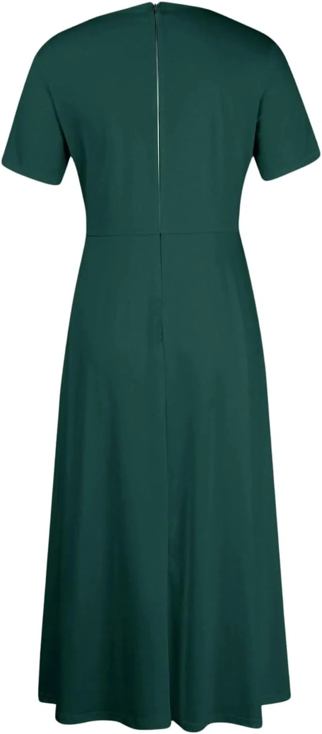 Женское макси-платье с круглым вырезом и коротким рукавом, Army Green — фото 4