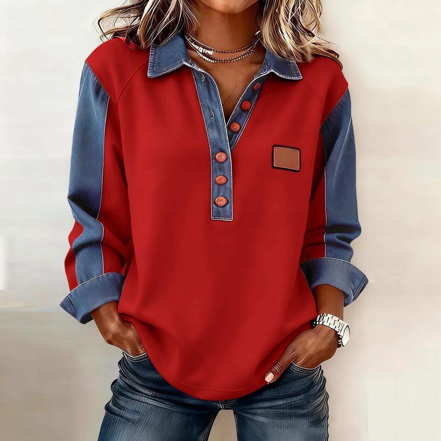 Женский джинсовый свитер с принтом Button Down, Non Lavorato A Maglia #Z02-rosso — фото 2